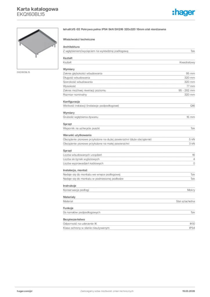 Zdjęcie Hager Karta katalogowa EKQ160BL15 | Hager Polska