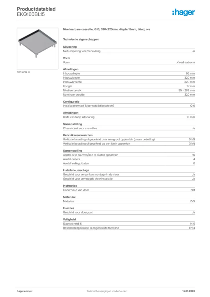 Afbeelding Hager Productdatablad EKQ160BL15 | Hager Nederland