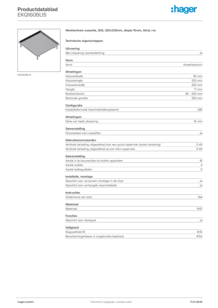 Afbeelding Hager Productdatablad EKQ160BL15 | Hager Nederland