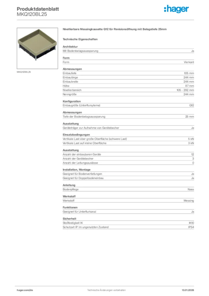 Bild Hager Produktdatenblatt MKQ120BL25 | Hager Deutschland