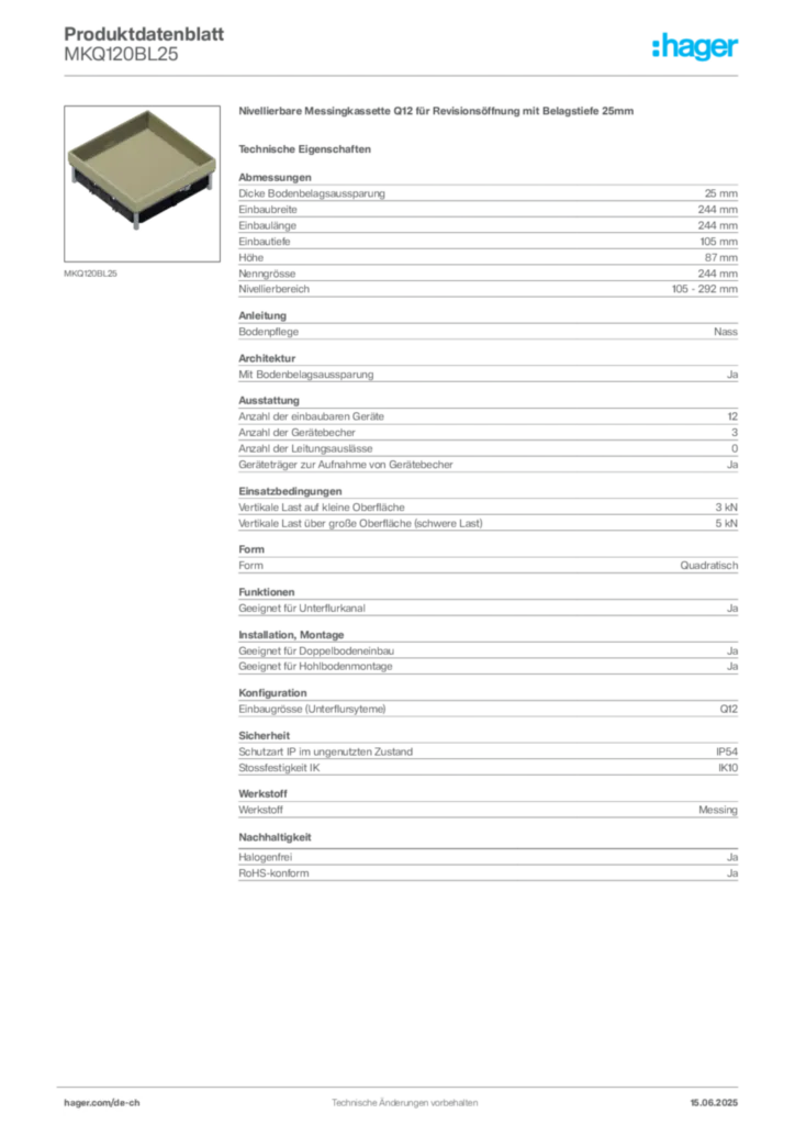 Bild Hager Produktdatenblatt MKQ120BL25 | Hager Schweiz