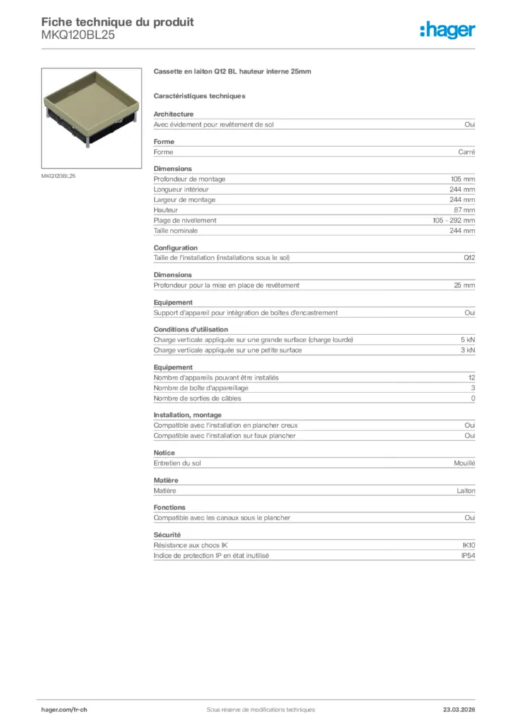 Image Hager Fiche technique du produit MKQ120BL25 | Hager Suisse