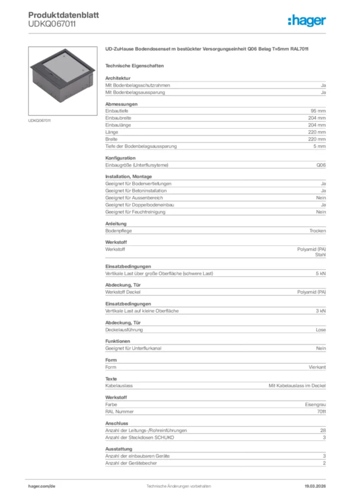 Bild Hager Produktdatenblatt UDKQ067011 | Hager Deutschland