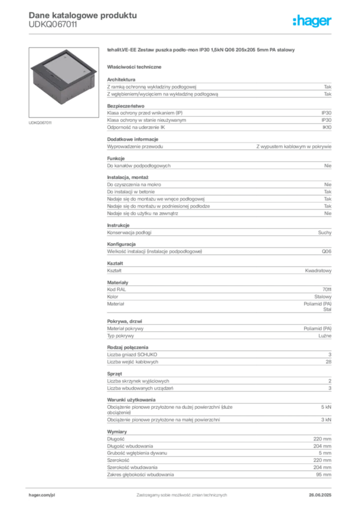 Zdjęcie Hager Dane katalogowe produktu UDKQ067011 | Hager Polska