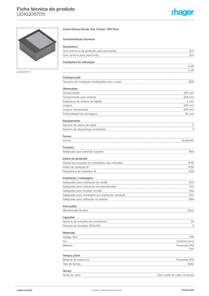 Imagem Hager Ficha técnica do produto UDKQ067011 | Hager Portugal