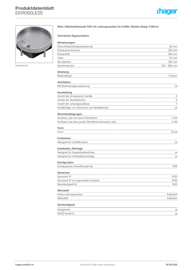 Bild Hager Produktdatenblatt EKR060LE25 | Hager Schweiz