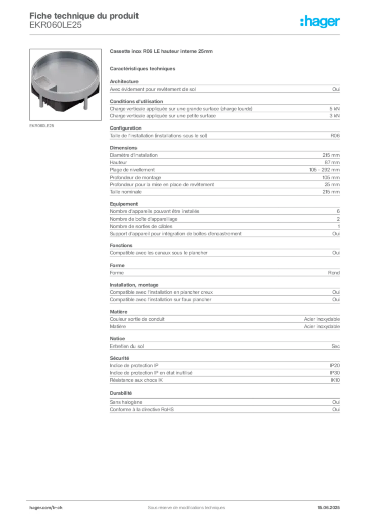 Image Hager Fiche technique du produit EKR060LE25 | Hager Suisse