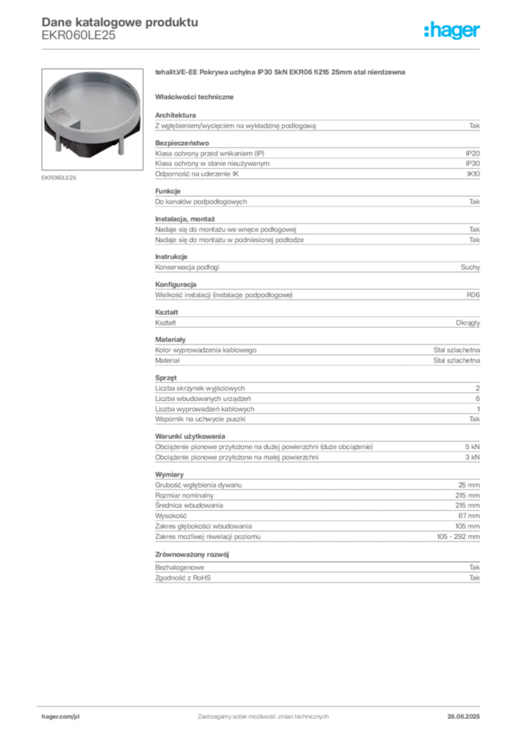 Zdjęcie Hager Dane katalogowe produktu EKR060LE25 | Hager Polska