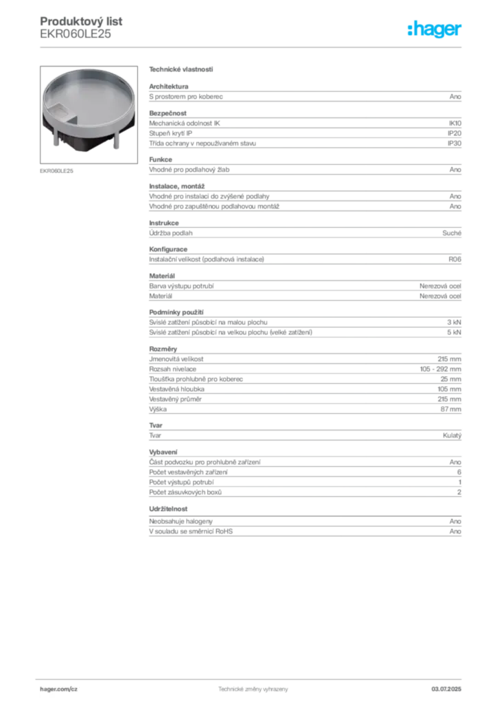 Obrázek Hager Produktový list EKR060LE25 | Hager
