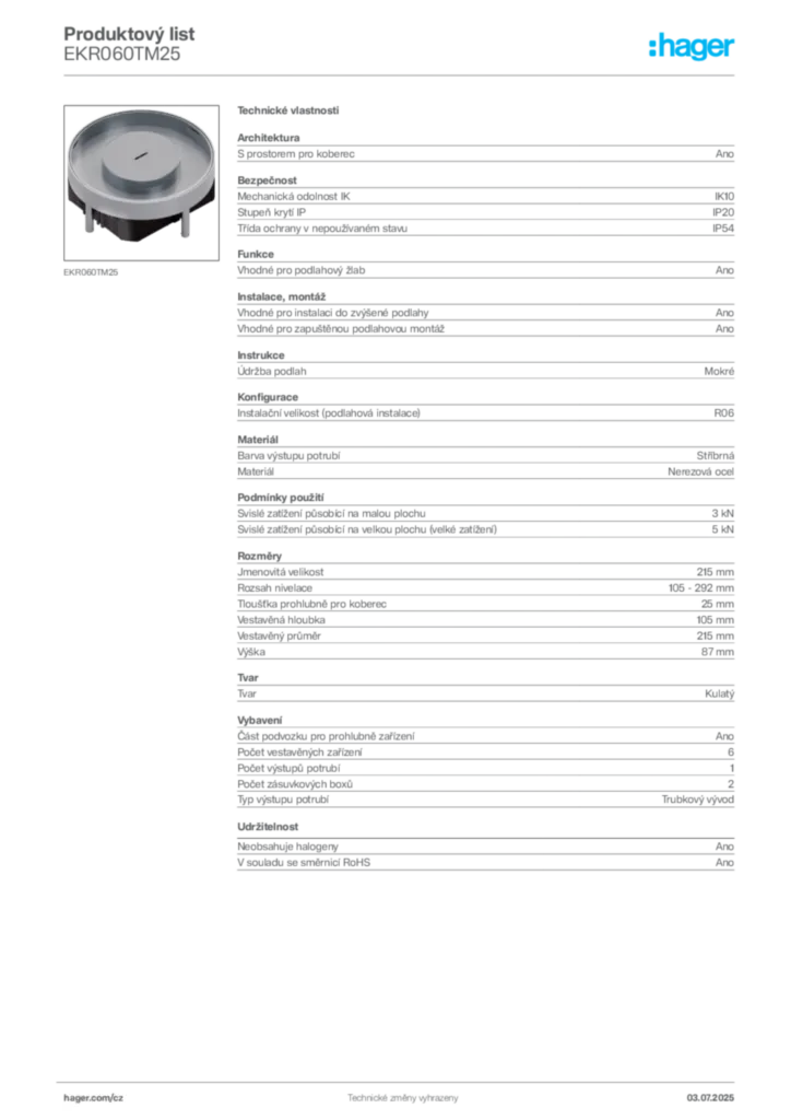 Obrázek Hager Produktový list EKR060TM25 | Hager
