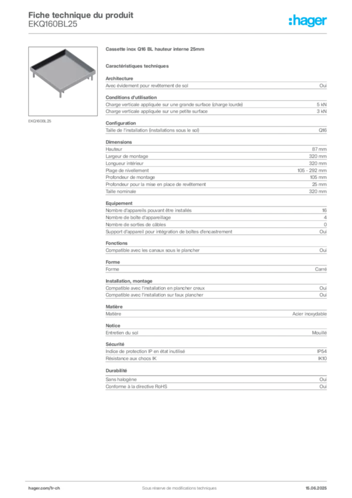 Image Hager Fiche technique du produit EKQ160BL25 | Hager Suisse