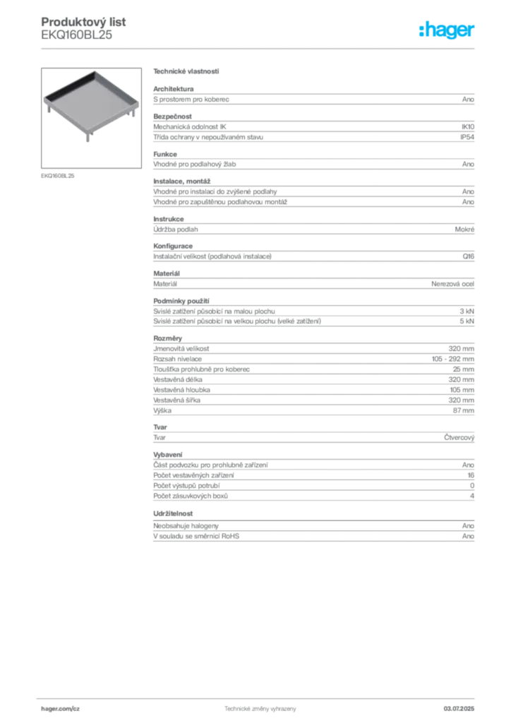 Obrázek Hager Produktový list EKQ160BL25 | Hager