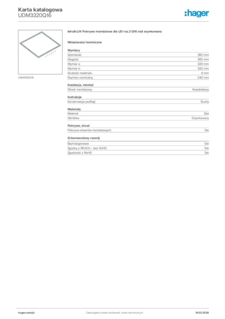 Zdjęcie Hager Karta katalogowa UDM3320Q16 | Hager Polska