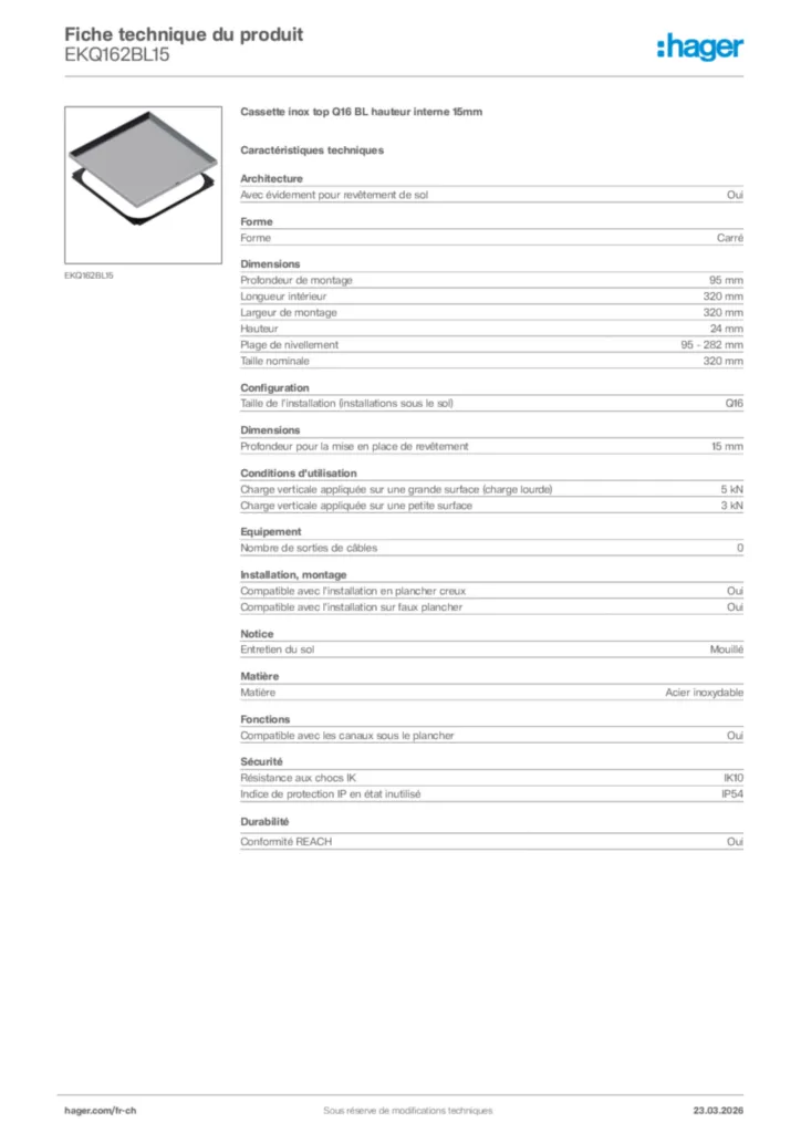 Image Hager Fiche technique du produit EKQ162BL15 | Hager Suisse