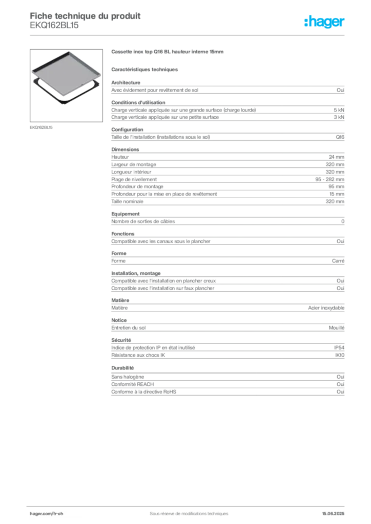 Image Hager Fiche technique du produit EKQ162BL15 | Hager Suisse
