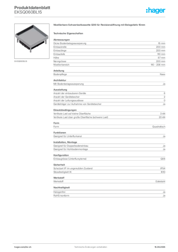 Bild Hager Produktdatenblatt EKSQ060BL15 | Hager Schweiz