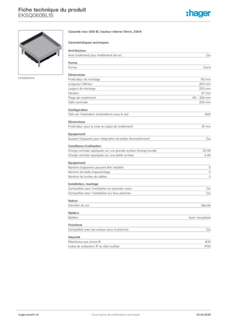 Image Hager Fiche technique du produit EKSQ060BL15 | Hager Suisse