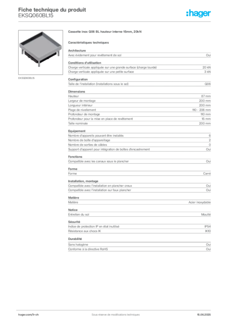 Image Hager Fiche technique du produit EKSQ060BL15 | Hager Suisse