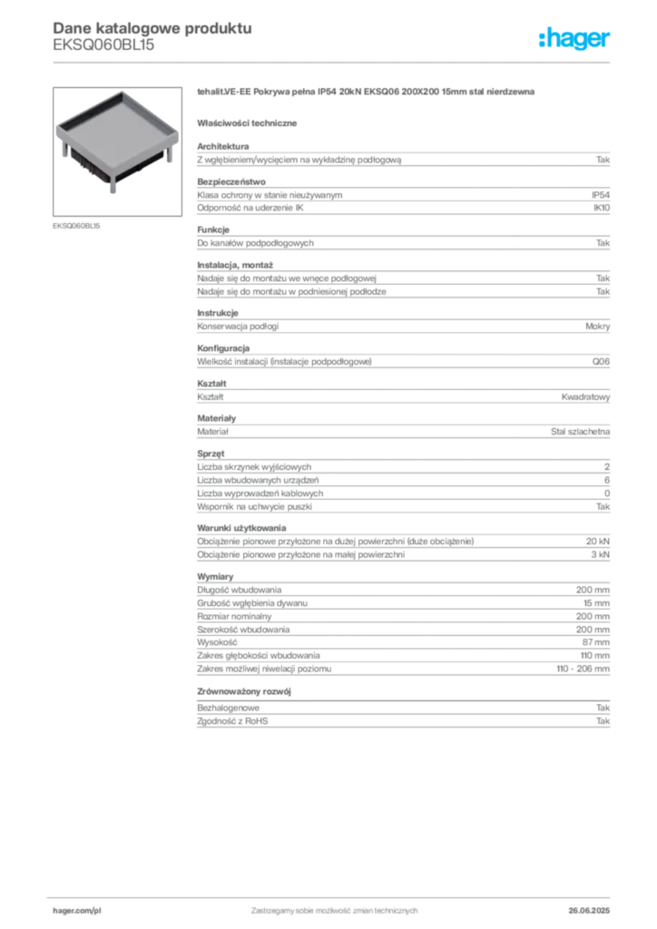 Zdjęcie Hager Dane katalogowe produktu EKSQ060BL15 | Hager Polska