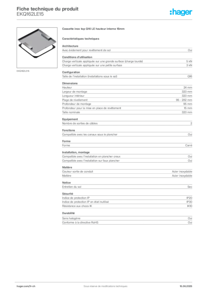 Image Hager Fiche technique du produit EKQ162LE15 | Hager Suisse