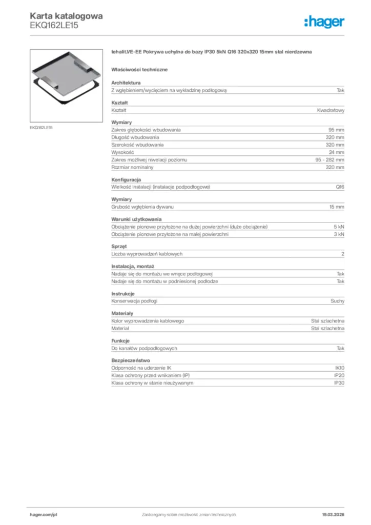 Zdjęcie Hager Karta katalogowa EKQ162LE15 | Hager Polska