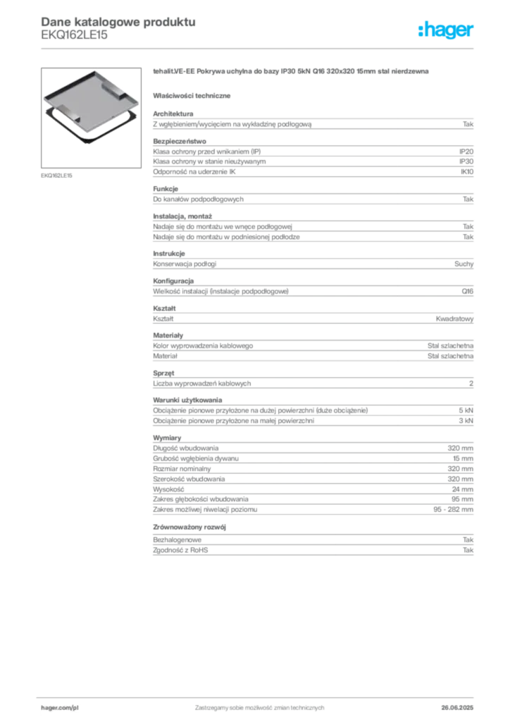 Zdjęcie Hager Dane katalogowe produktu EKQ162LE15 | Hager Polska