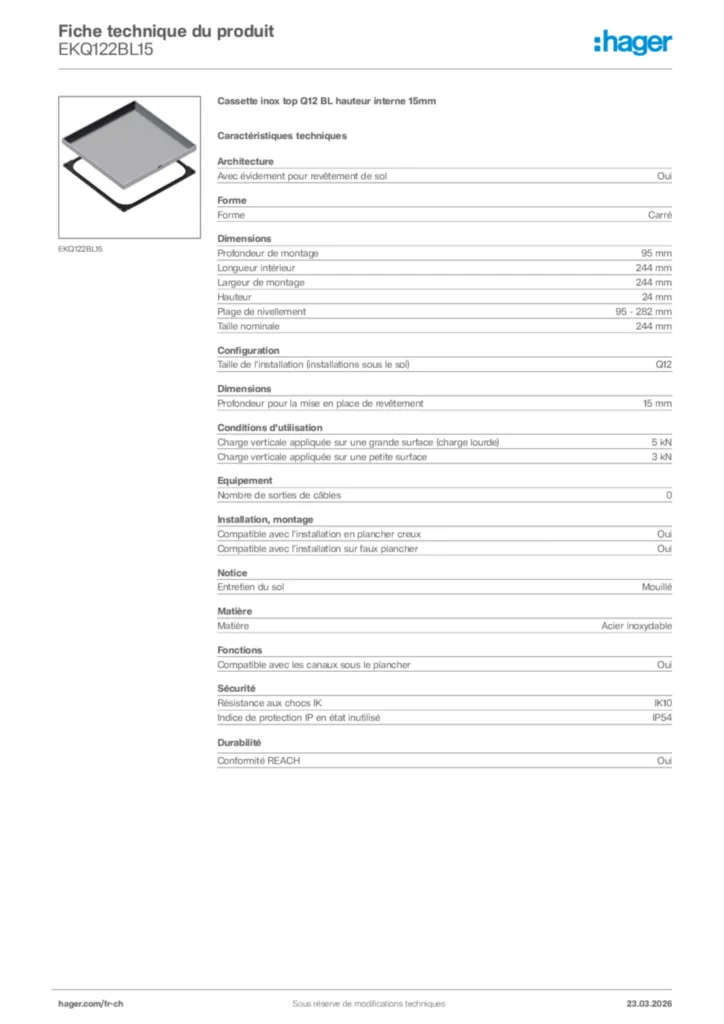 Image Hager Fiche technique du produit EKQ122BL15 | Hager Suisse