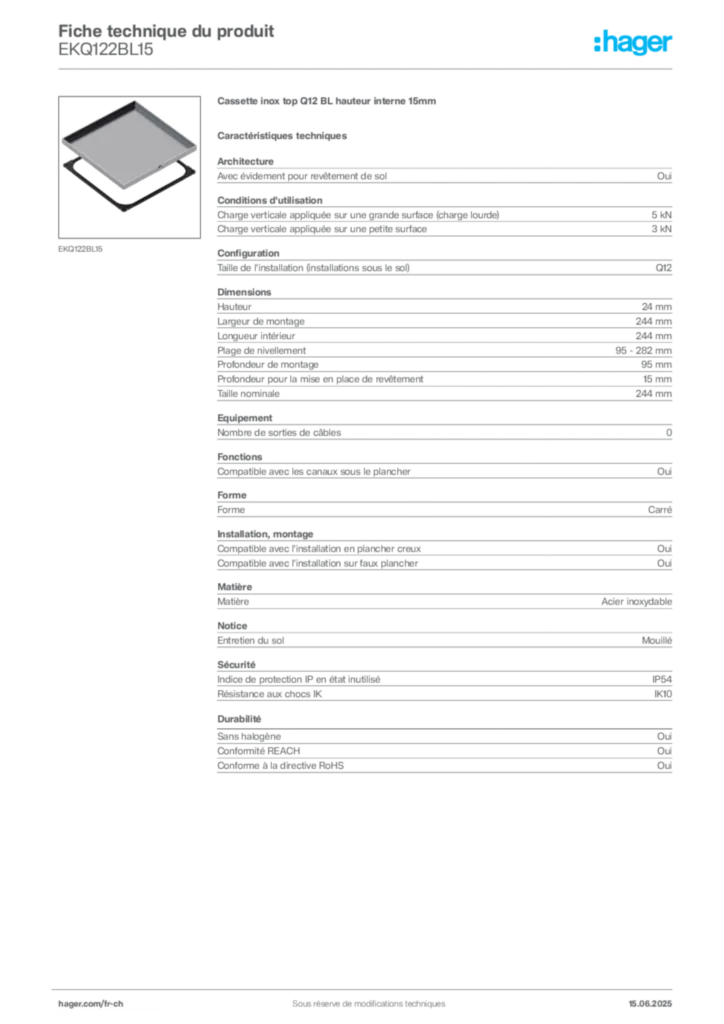 Image Hager Fiche technique du produit EKQ122BL15 | Hager Suisse