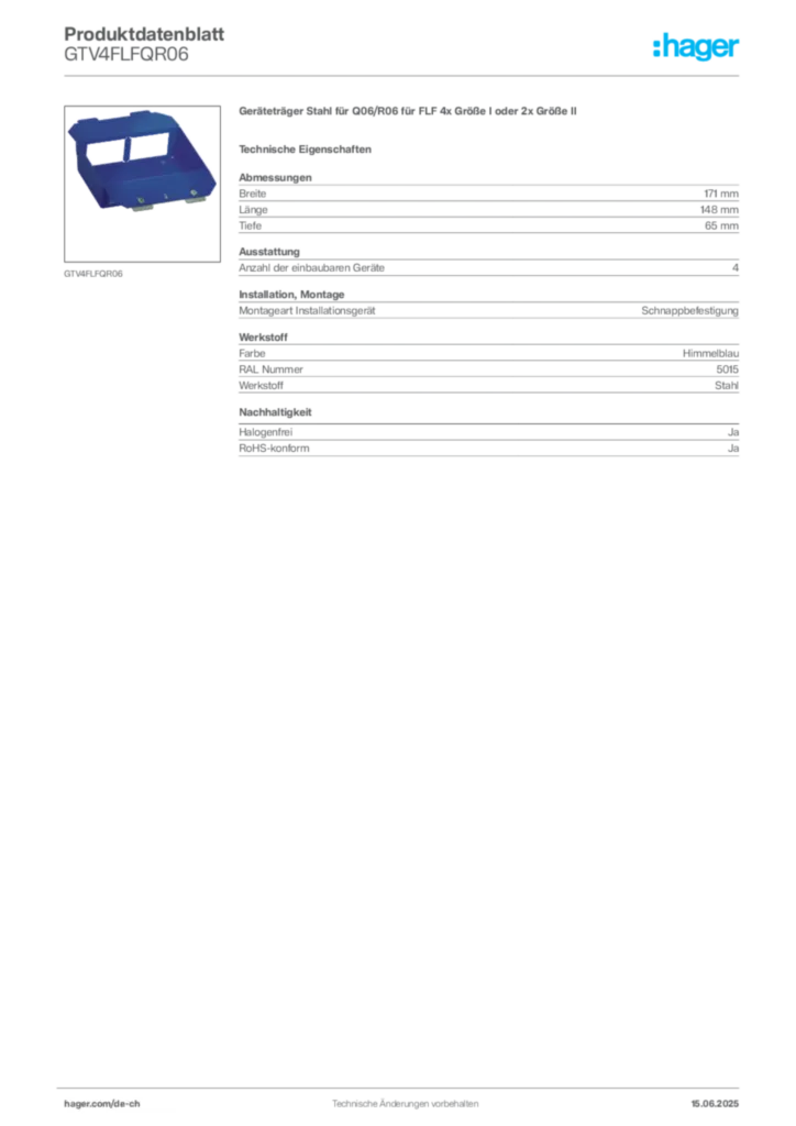 Bild Hager Produktdatenblatt GTV4FLFQR06 | Hager Schweiz