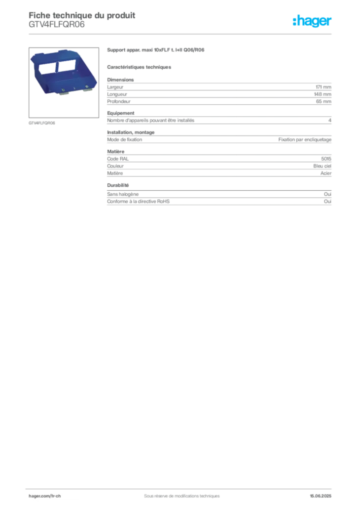 Image Hager Fiche technique du produit GTV4FLFQR06 | Hager Suisse