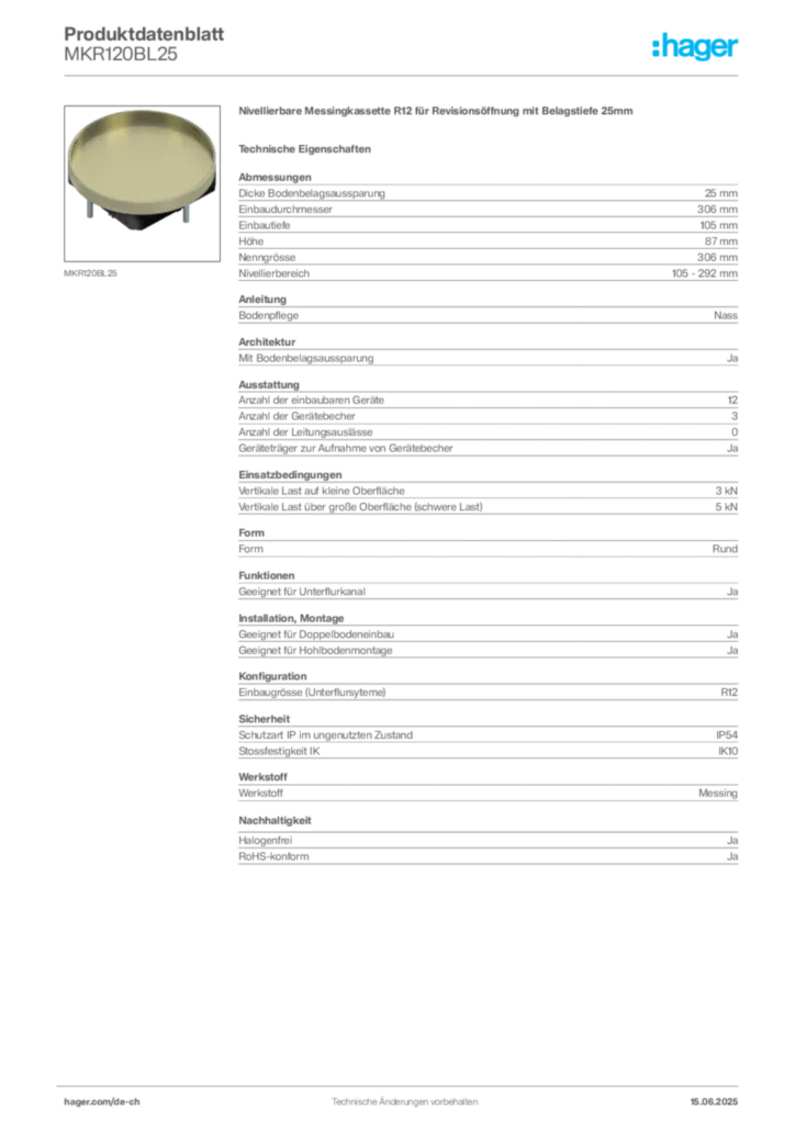 Bild Hager Produktdatenblatt MKR120BL25 | Hager Schweiz