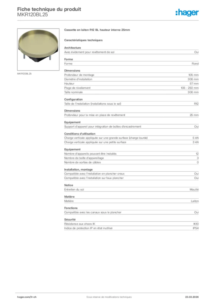 Image Hager Fiche technique du produit MKR120BL25 | Hager Suisse