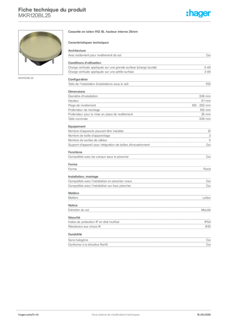 Image Hager Fiche technique du produit MKR120BL25 | Hager Suisse