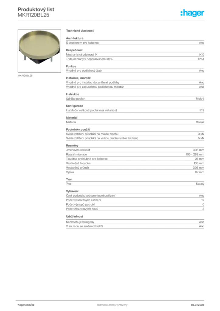 Obrázek Hager Produktový list MKR120BL25 | Hager
