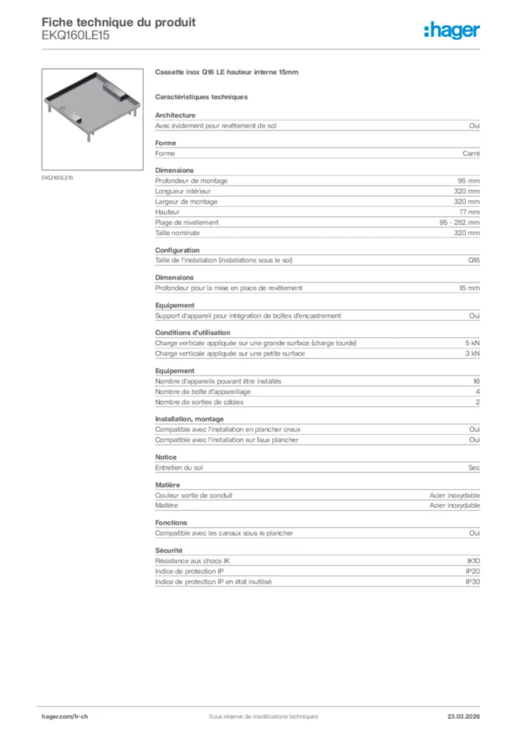 Image Hager Fiche technique du produit EKQ160LE15 | Hager Suisse