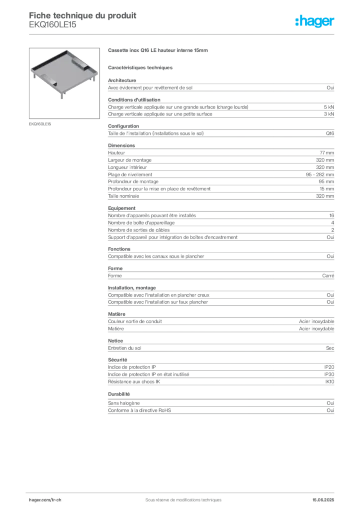 Image Hager Fiche technique du produit EKQ160LE15 | Hager Suisse