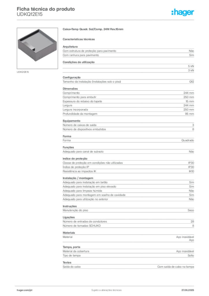 Imagem Hager Ficha técnica do produto UDKQ12E15 | Hager Portugal