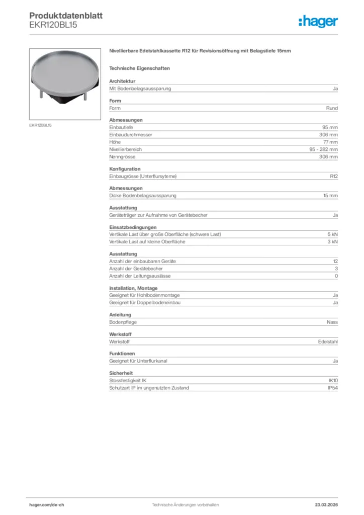 Bild Hager Produktdatenblatt EKR120BL15 | Hager Schweiz