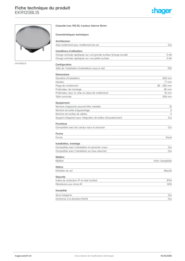 Image Hager Fiche technique du produit EKR120BL15 | Hager Suisse