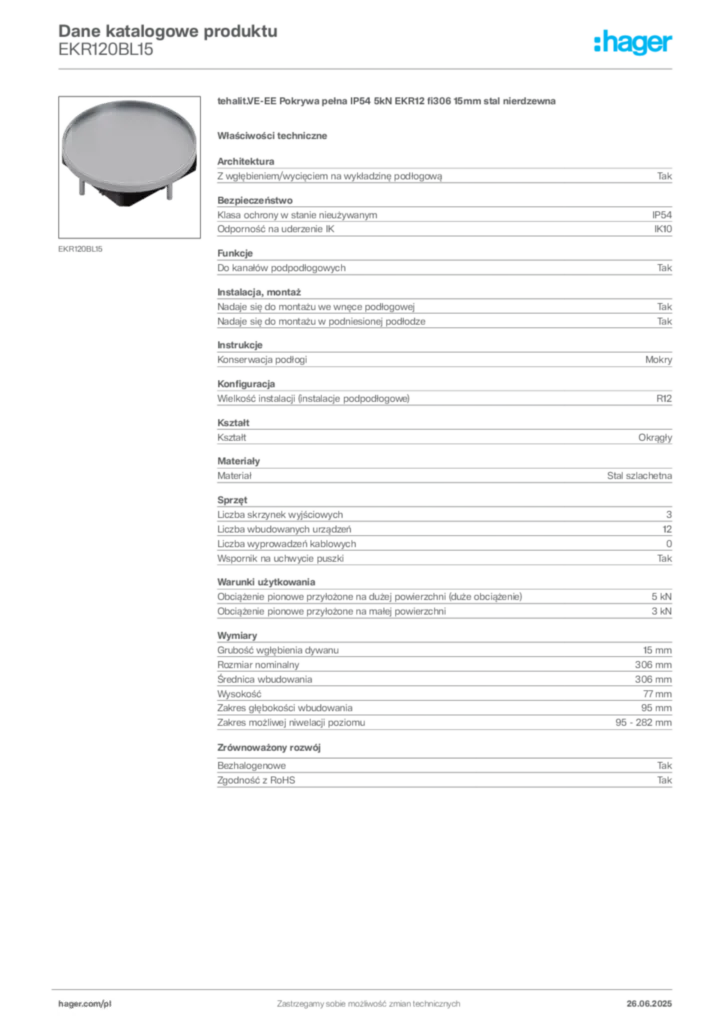 Zdjęcie Hager Dane katalogowe produktu EKR120BL15 | Hager Polska
