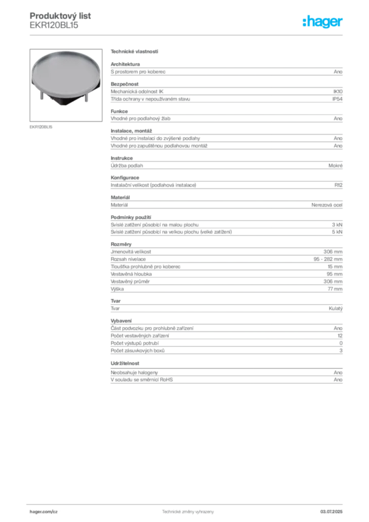 Obrázek Hager Produktový list EKR120BL15 | Hager