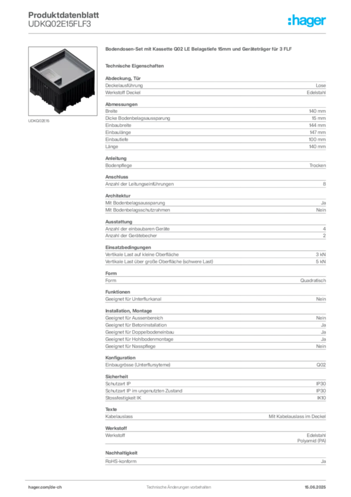 Bild Hager Produktdatenblatt UDKQ02E15FLF3 | Hager Schweiz