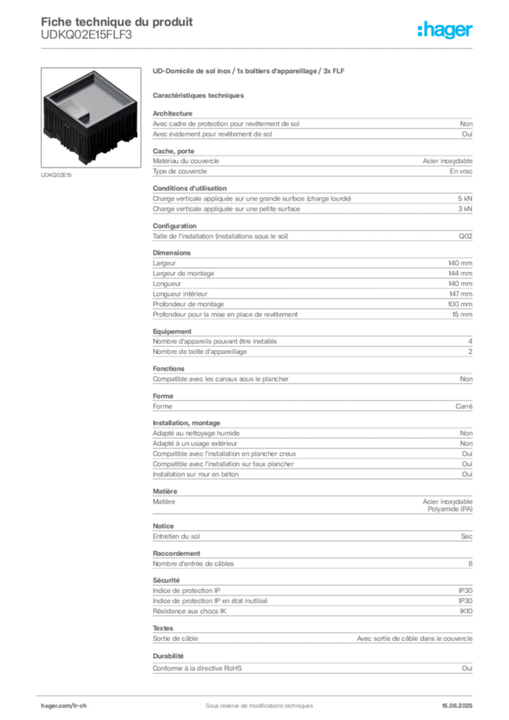 Image Hager Fiche technique du produit UDKQ02E15FLF3 | Hager Suisse