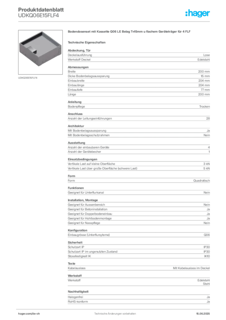 Bild Hager Produktdatenblatt UDKQ06E15FLF4 | Hager Schweiz