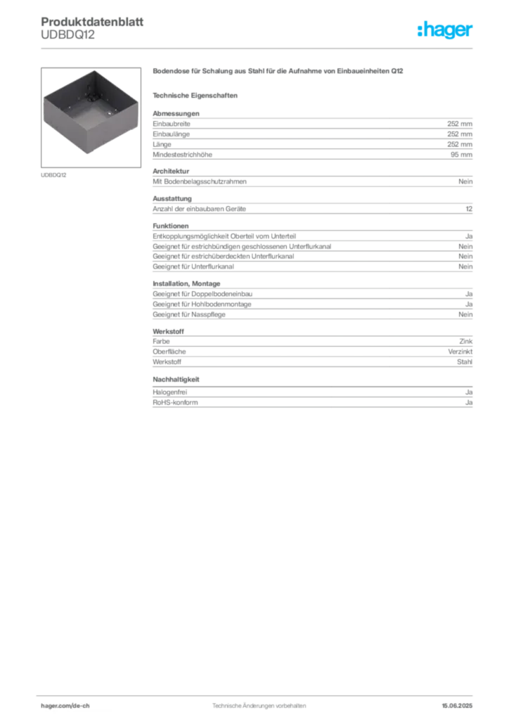 Bild Hager Produktdatenblatt UDBDQ12 | Hager Schweiz