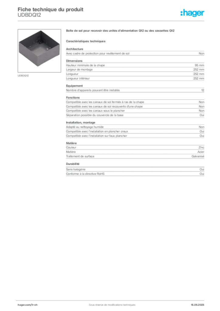 Image Hager Fiche technique du produit UDBDQ12 | Hager Suisse