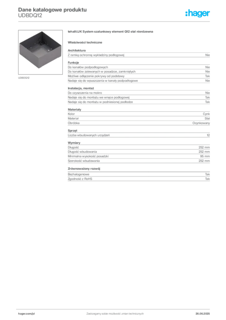 Zdjęcie Hager Dane katalogowe produktu UDBDQ12 | Hager Polska