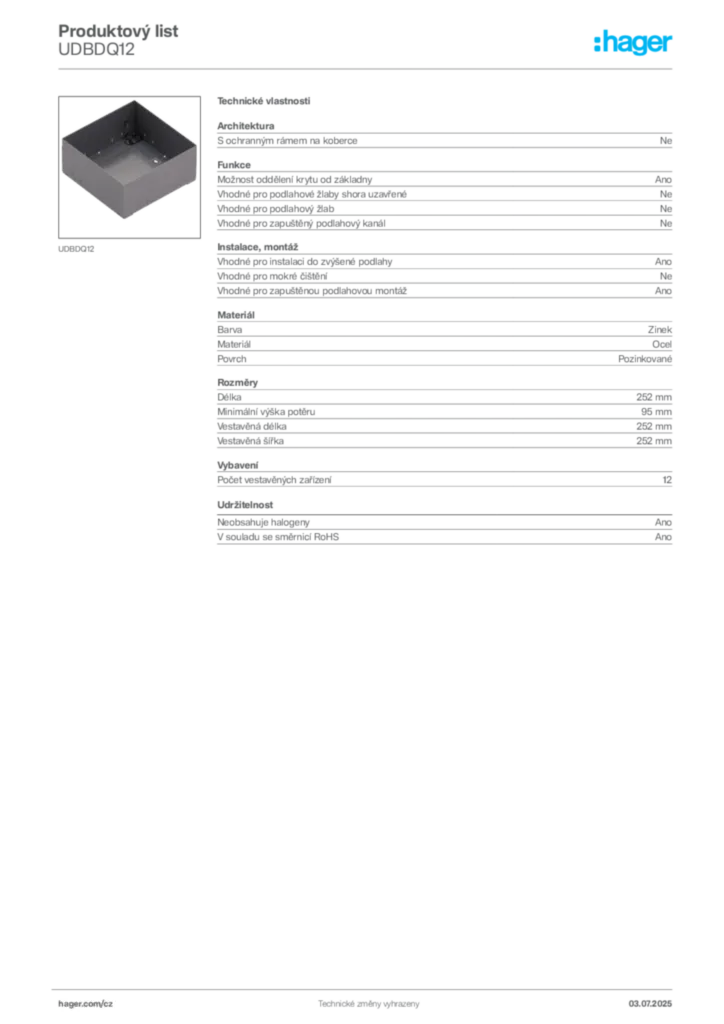 Obrázek Hager Produktový list UDBDQ12 | Hager