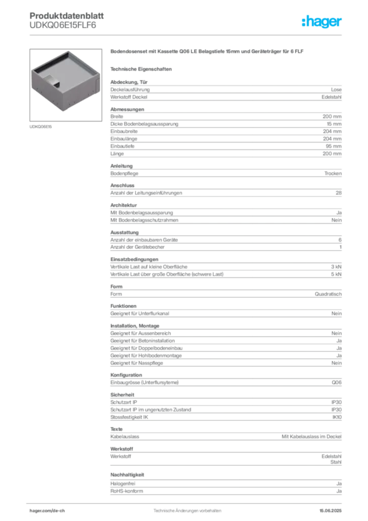 Bild Hager Produktdatenblatt UDKQ06E15FLF6 | Hager Schweiz