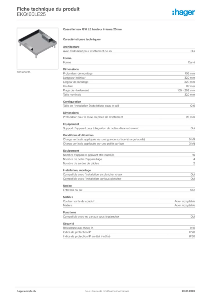 Image Hager Fiche technique du produit EKQ160LE25 | Hager Suisse